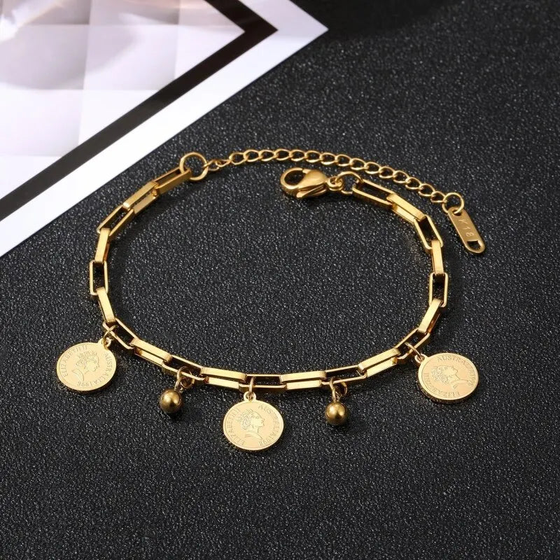 1 stücke Gold-farbe Armband Damen Hip Hop Stil Edelstahl Runde Zeichen Porträt Anhänger Breite Kreuz Kette Schmuck
